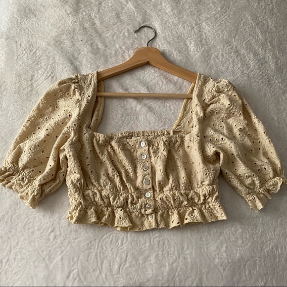 UO Tan Button Down Eyelet Crop Top - Picture 13 of 15